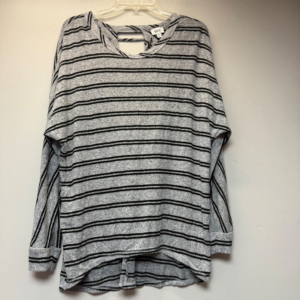 BKE Striped Long Sleeve Top Womens Small Grey Excellent Lattice Back Strappy